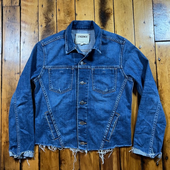 L'AGENCE Jackets & Blazers - L’AGENCE Women’s Medium Denim Jacket Trucker Raw Hem Button Front Designer Blue